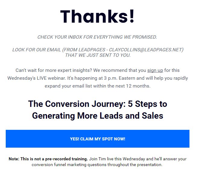 example of call to action button on thank you page